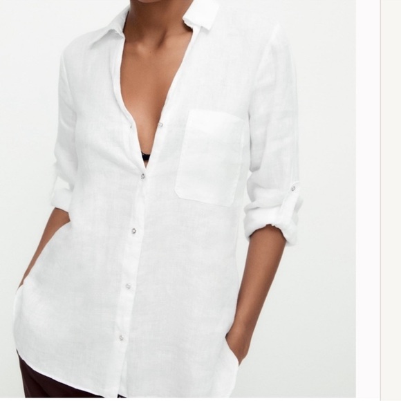 ZARA Oversized White Linen Button Down Shirt Sz XS Summer Lightweight Neutral - Picture 11 of 14